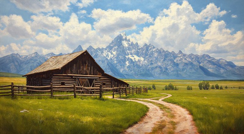 The Moulton Barn with the Teton Range at sunset in oil classical painting style