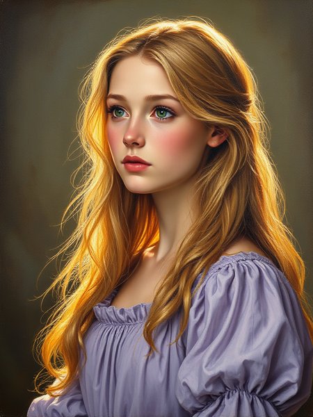 Rapunzel portrait in classical oil painting style with long flowing hair and rich warm tones
