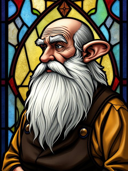 Fairy tale character portrait in stained glass style with bold leaded lines and jewel-tone colors