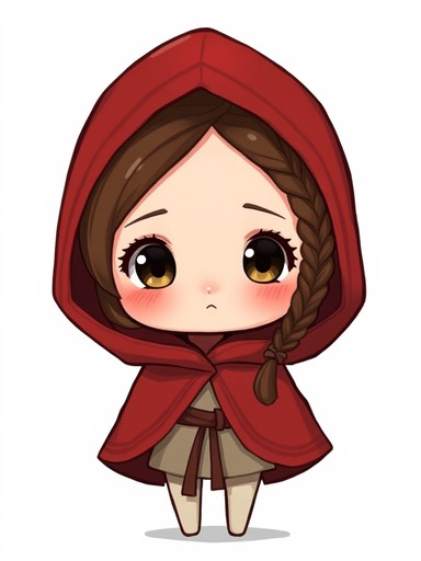Red Riding Hood in chibi style with oversized eyes, red hood, and cute standing pose