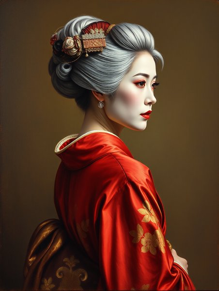 Elder geisha portrait in classical oil painting style with kimono, ornate hair, and rich warm tones
