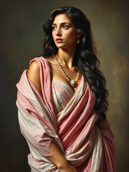 Aphrodite portrait in classical oil painting style with rich warm tones and Renaissance-era composition
