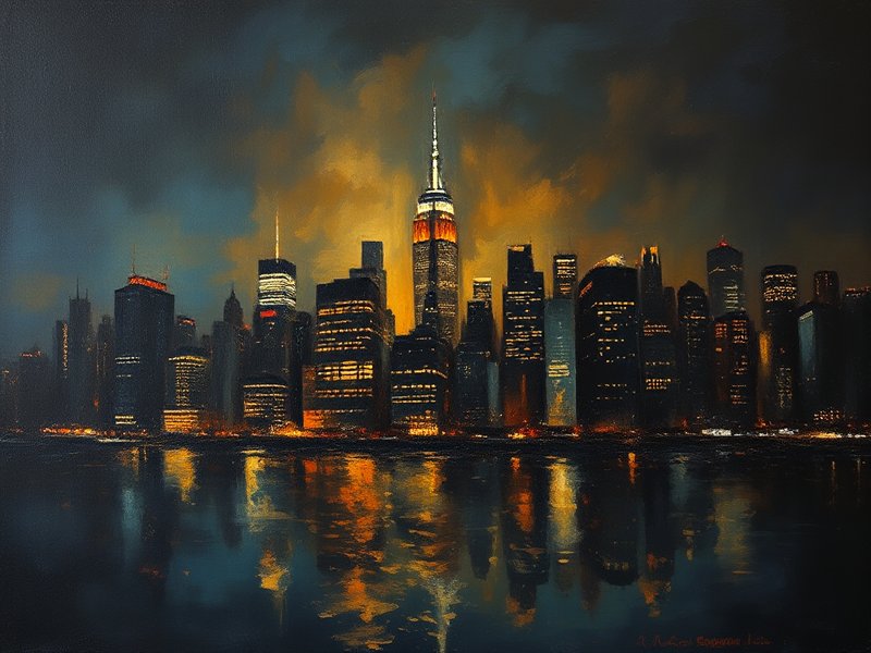 New York City skyline in baroque style with dramatic chiaroscuro lighting, amber glow against deep shadow