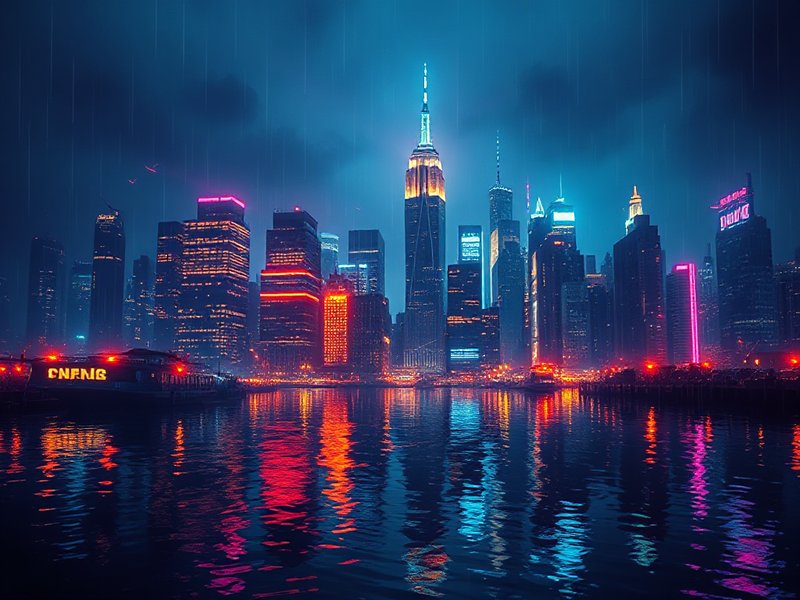 New York City skyline in cyberpunk style with neon cyan and magenta lights reflected in dark water