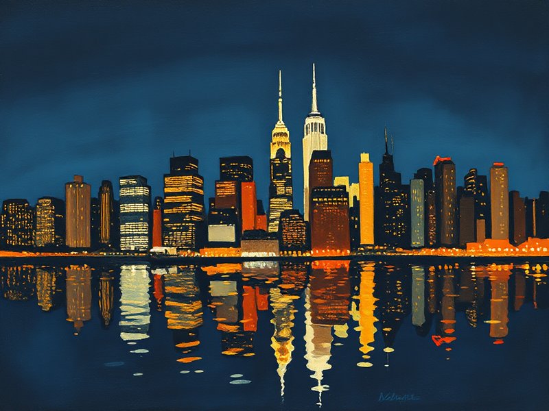 New York City skyline at night in gouache painting style with textured opaque washes