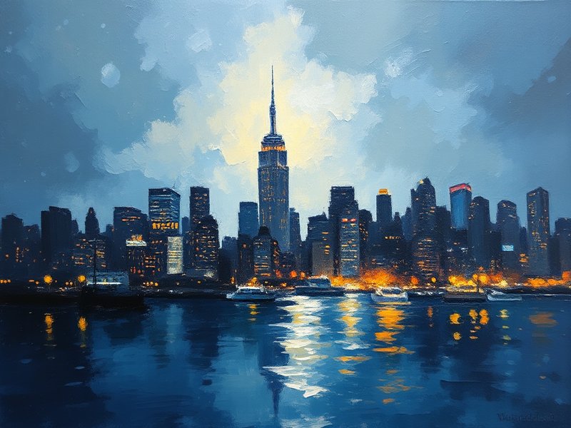 New York City skyline reflected in water at night, rendered in impressionist brushwork with amber and navy tones