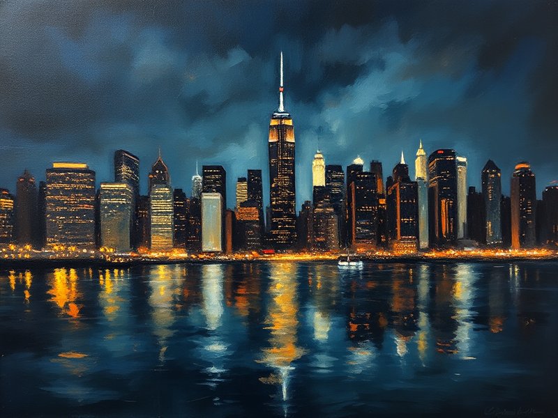 New York City skyline at night in oil classical painting style, reflected in harbor water with amber building lights against a deep navy sky
