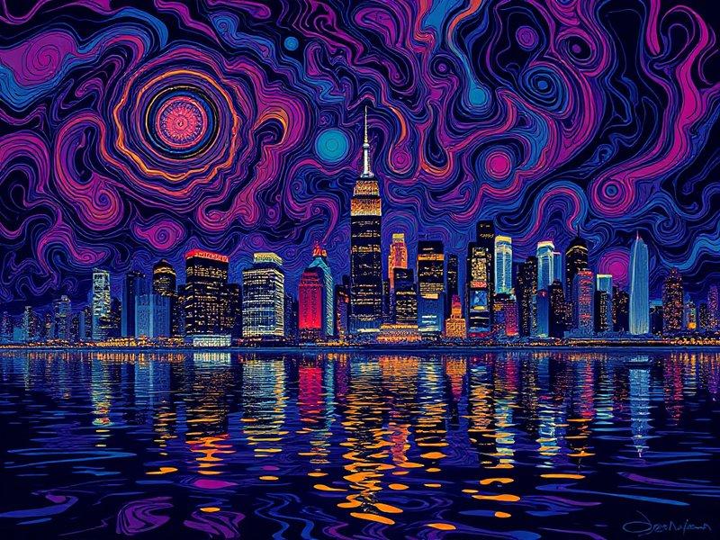 New York City skyline in psychedelic style with vivid saturated colors and swirling patterns