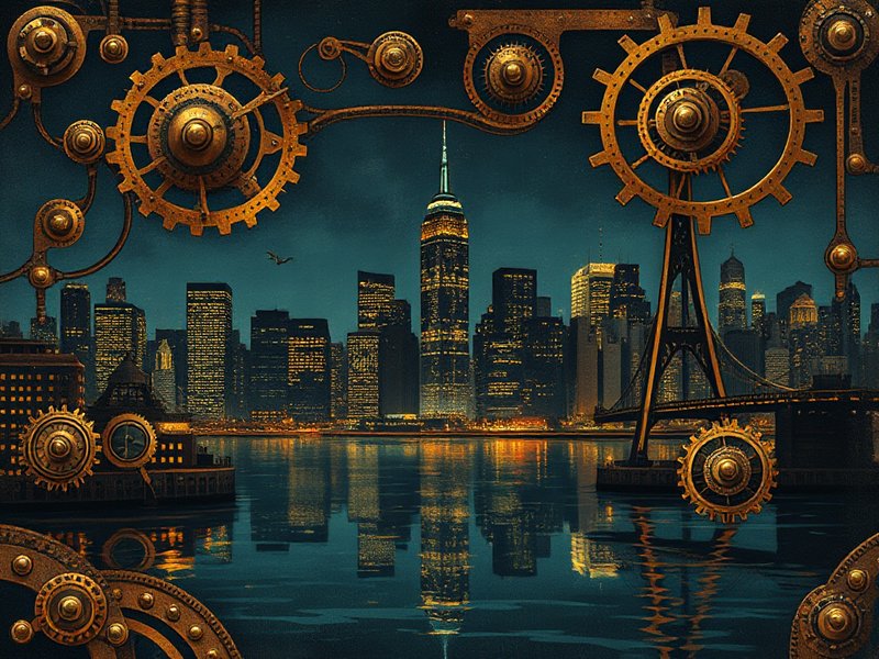 New York City skyline at night in steampunk style with brass tones and mechanical detailing