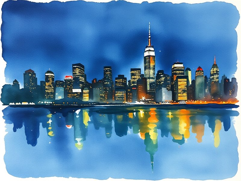 New York City skyline at night in watercolor style with soft washes of amber and deep blue