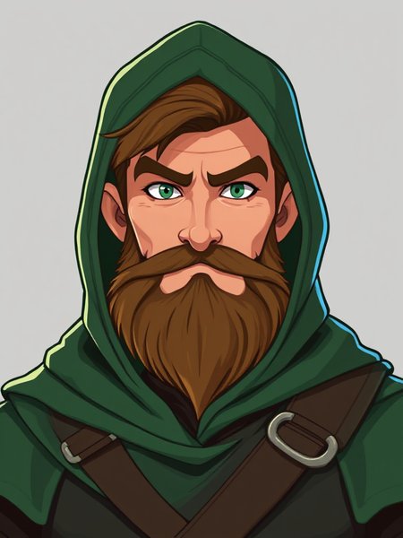 Robin Hood portrait in cel shaded style with bold outlines, green hood, and vibrant colors